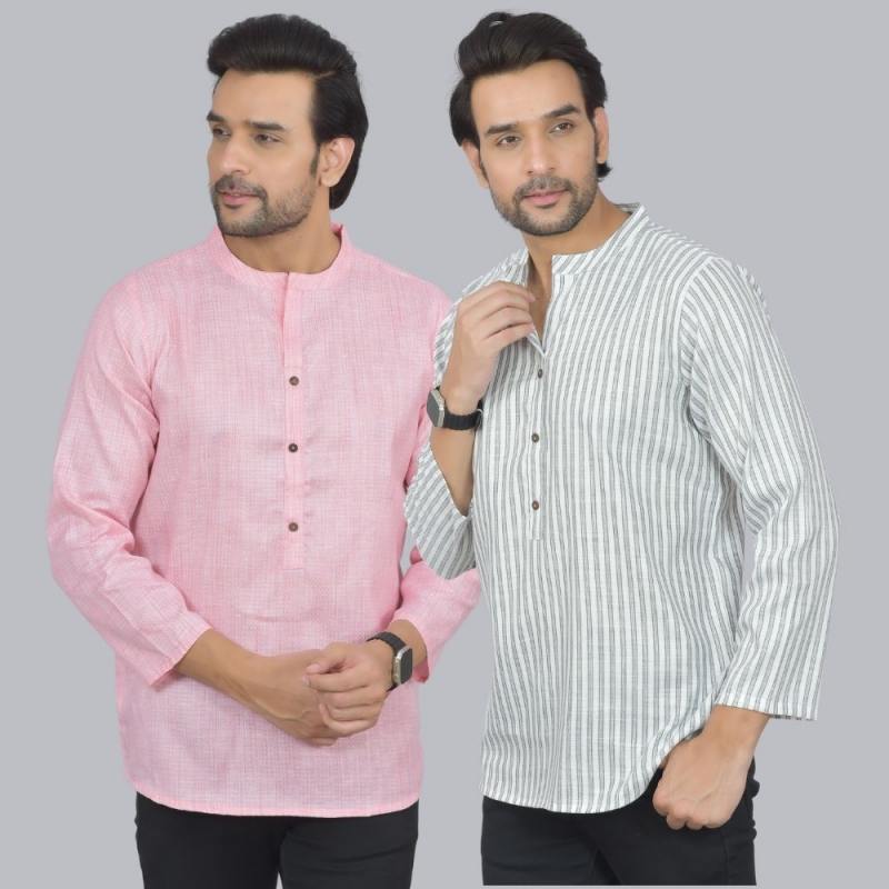 Combo of 2 Men Cotton Self Design Short Kurta Pink and White