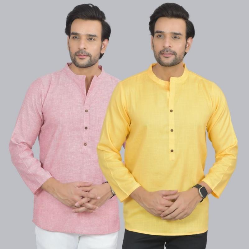 Combo of 2 Men Cotton Self Design Short Kurta Pink and Yellow