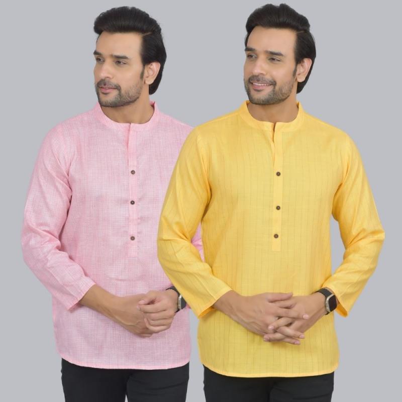 Combo of 2 Men Cotton Self Design Short Kurta Pink and Yellow