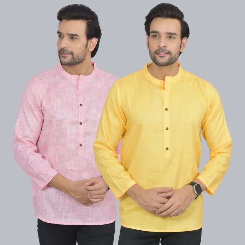 Combo of 2 Men Cotton Self Design Short Kurta Pink and Yellow