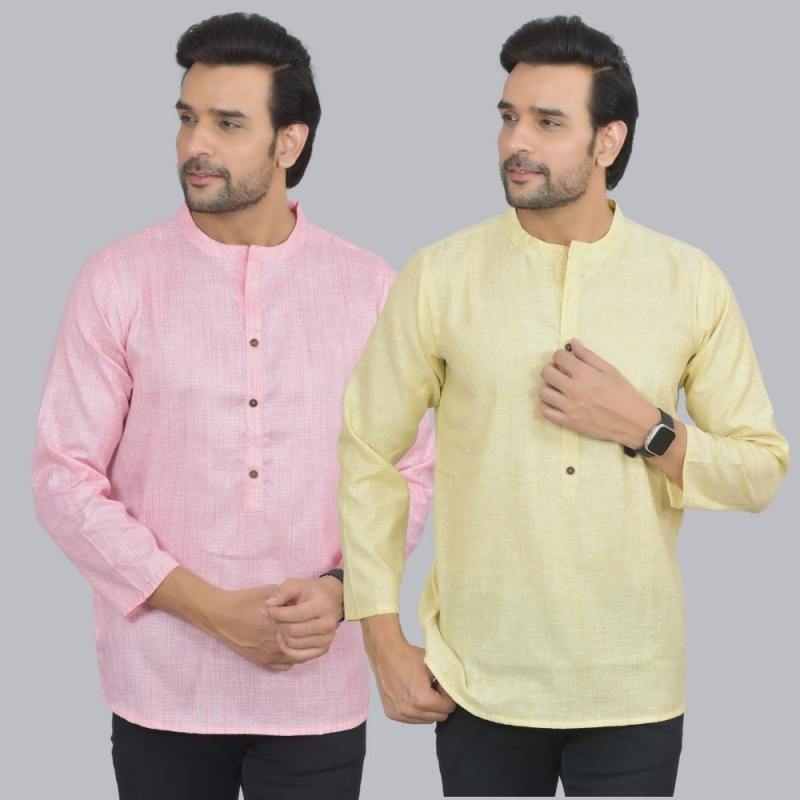 Combo of 2 Men Cotton Self Design Short Kurta Pink and Yellow