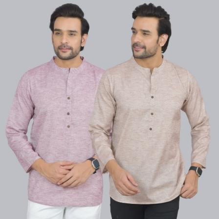 Combo of 2 Men Cotton Self Design Short Kurta Purple and Beige