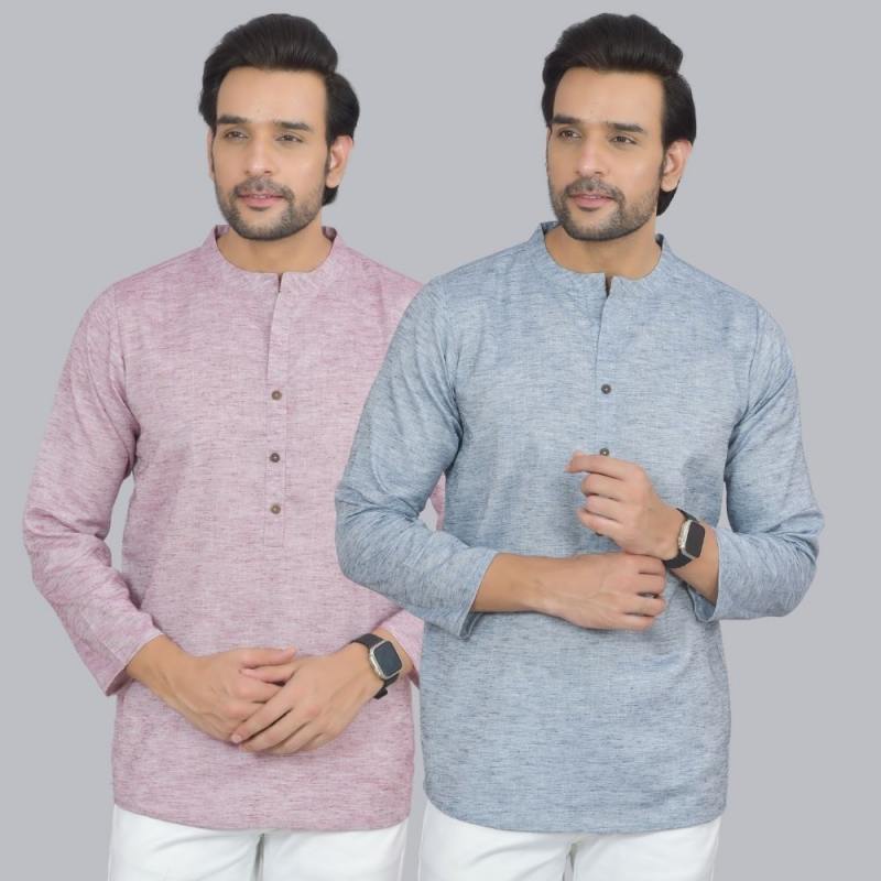 Combo of 2 Men Cotton Self Design Short Kurta Purple and Blue
