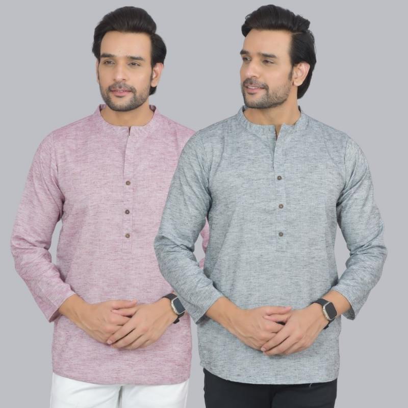 Combo of 2 Men Cotton Self Design Short Kurta Purple and Gray