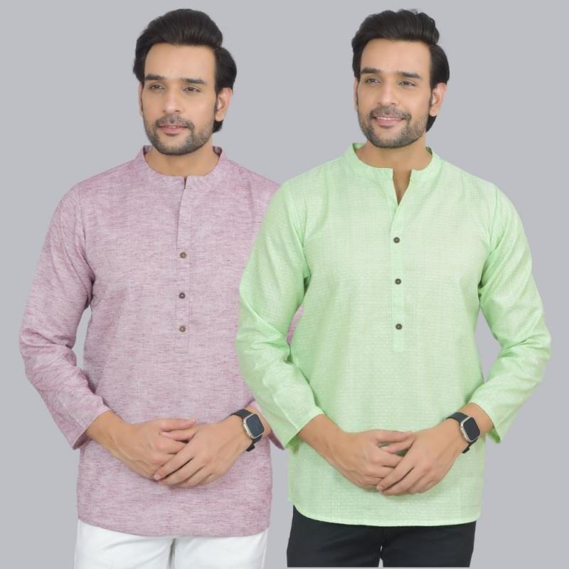 Combo of 2 Men Cotton Self Design Short Kurta Purple and Green
