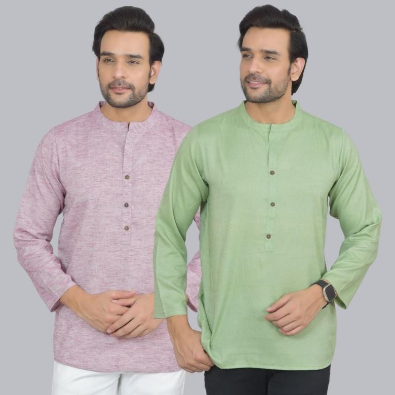 Combo of 2 Men Cotton Self Design Short Kurta Purple and Green