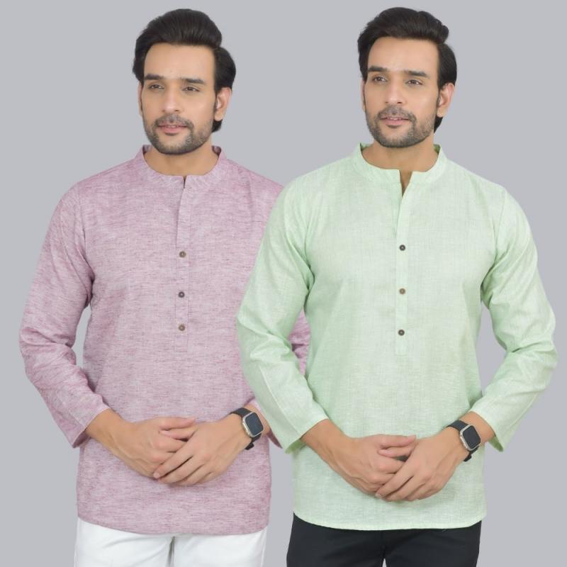 Combo of 2 Men Cotton Self Design Short Kurta Purple and Green