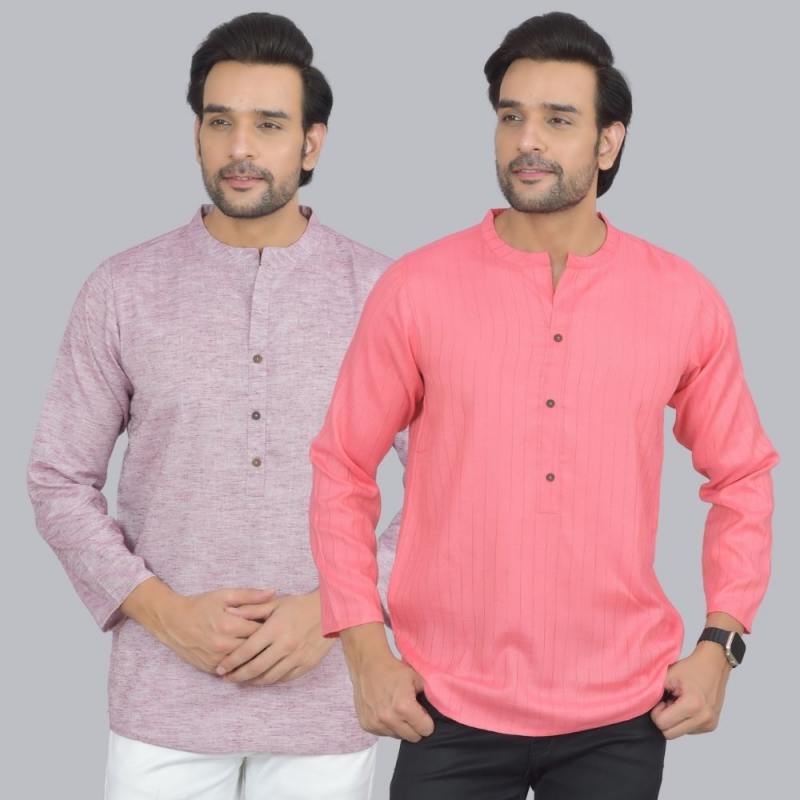 Combo of 2 Men Cotton Self Design Short Kurta Purple and Peach
