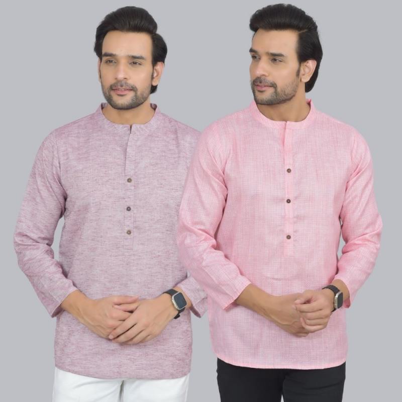 Combo of 2 Men Cotton Self Design Short Kurta Purple and Pink