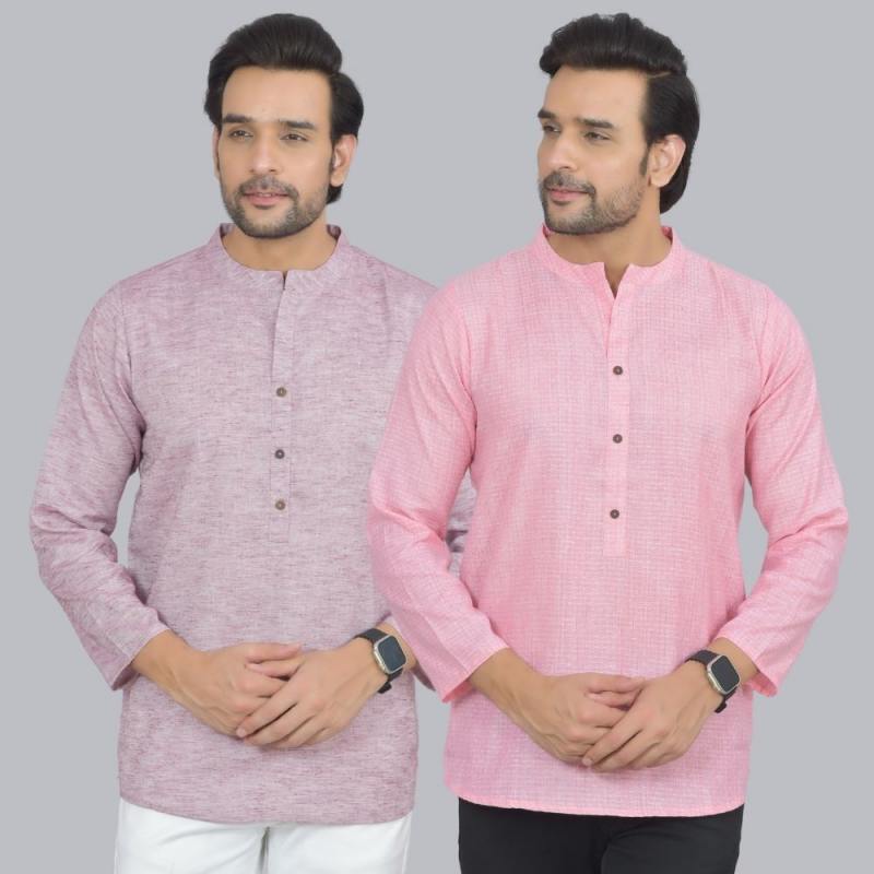 Combo of 2 Men Cotton Self Design Short Kurta Purple and Pink