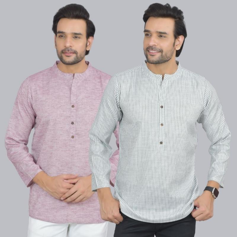 Combo of 2 Men Cotton Self Design Short Kurta Purple and White