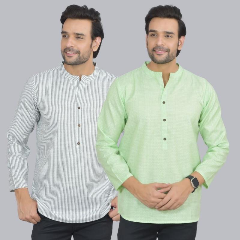 Combo of 2 Men Cotton Self Design Short Kurta White and Green