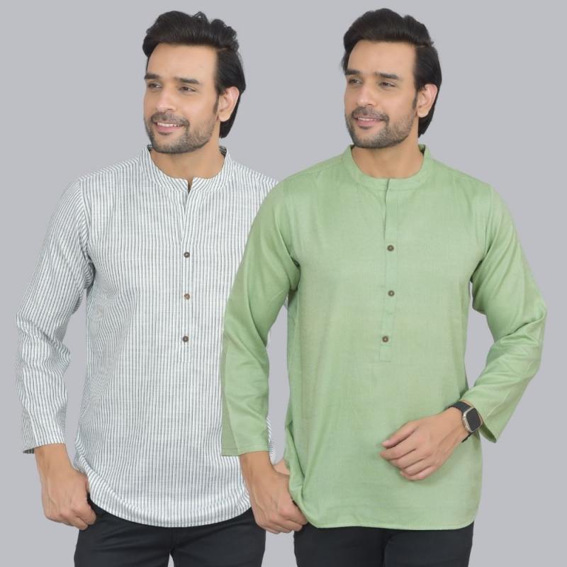 Combo of 2 Men Cotton Self Design Short Kurta White and Green