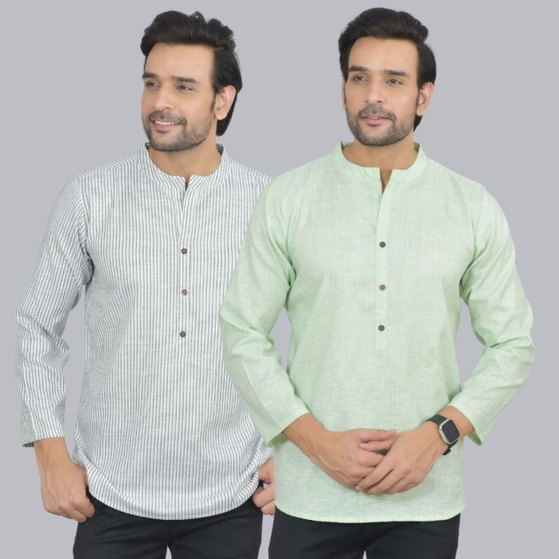 Combo of 2 Men Cotton Self Design Short Kurta White and Green
