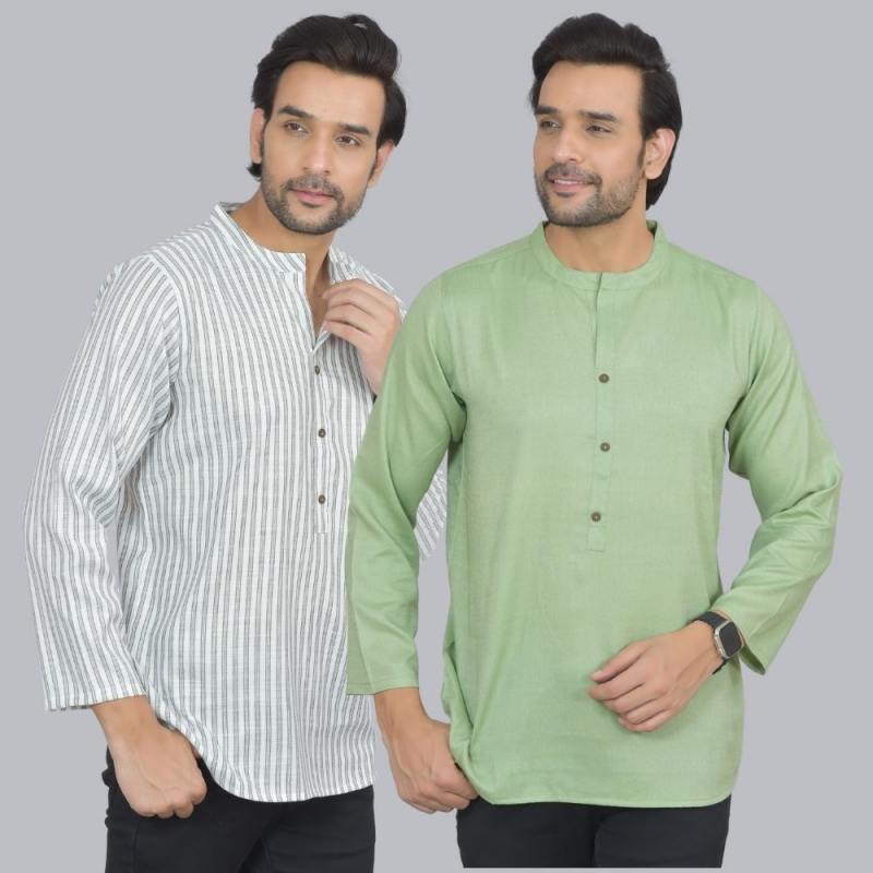 Combo of 2 Men Cotton Self Design Short Kurta White and Green