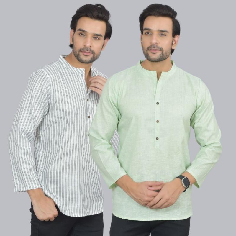 Combo of 2 Men Cotton Self Design Short Kurta White and Green