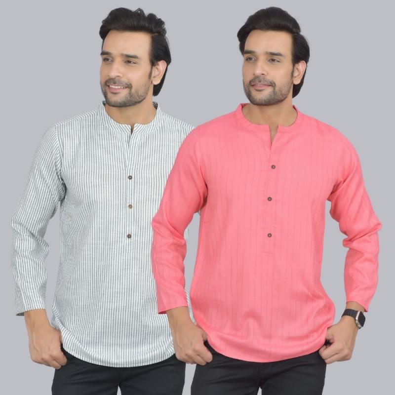 Combo of 2 Men Cotton Self Design Short Kurta White and Peach