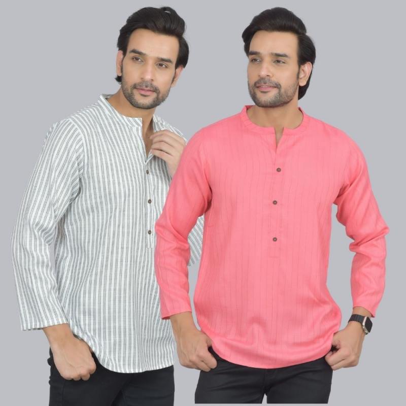 Combo of 2 Men Cotton Self Design Short Kurta White and Peach