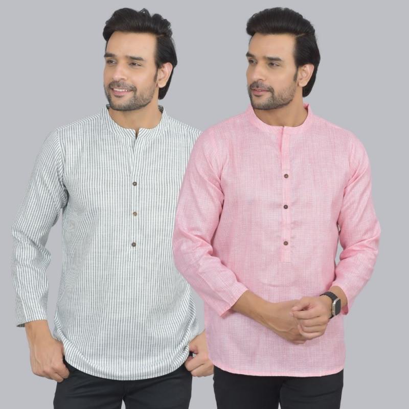 Combo of 2 Men Cotton Self Design Short Kurta White and Pink