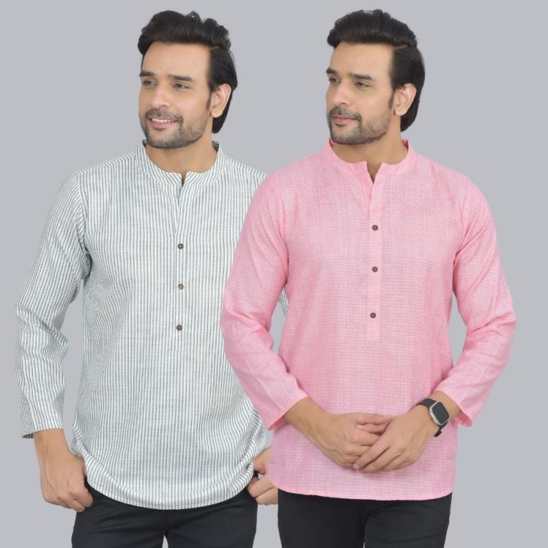 Combo of 2 Men Cotton Self Design Short Kurta White and Pink