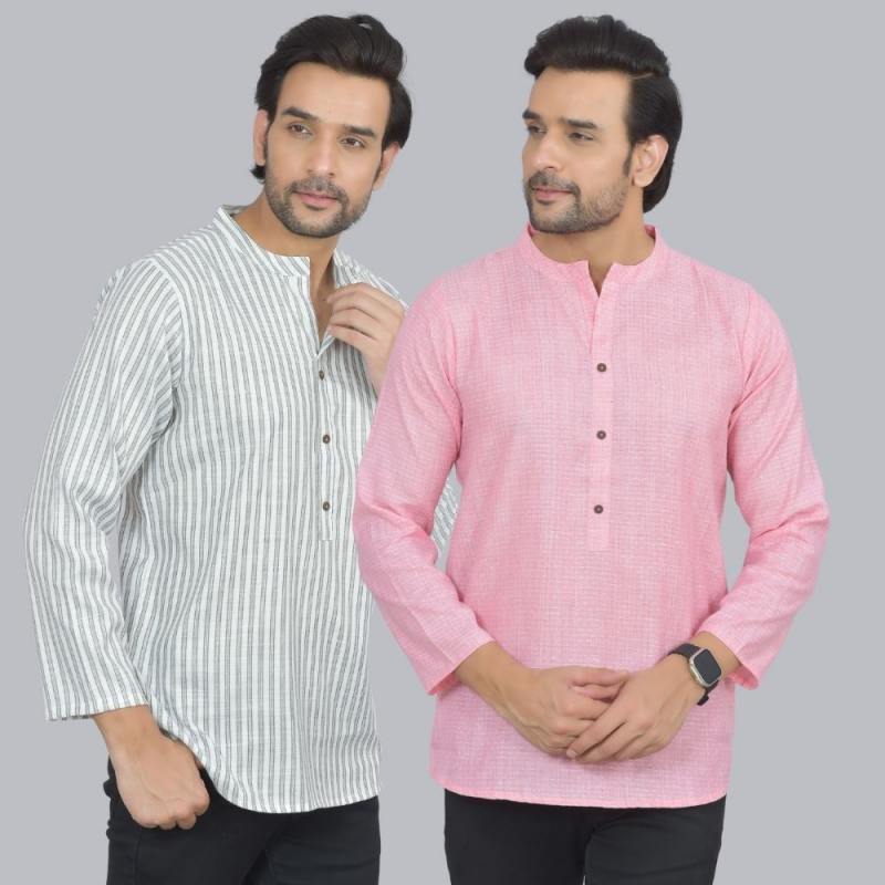 Combo of 2 Men Cotton Self Design Short Kurta White and Pink