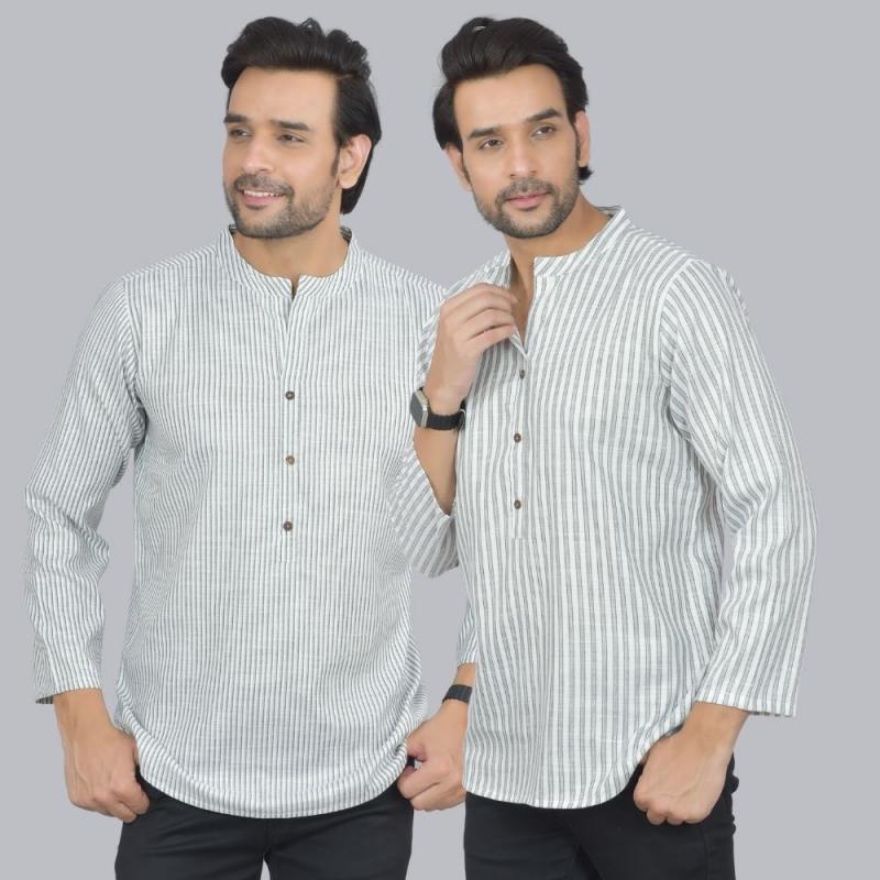 Combo of 2 Men Cotton Self Design Short Kurta White and White