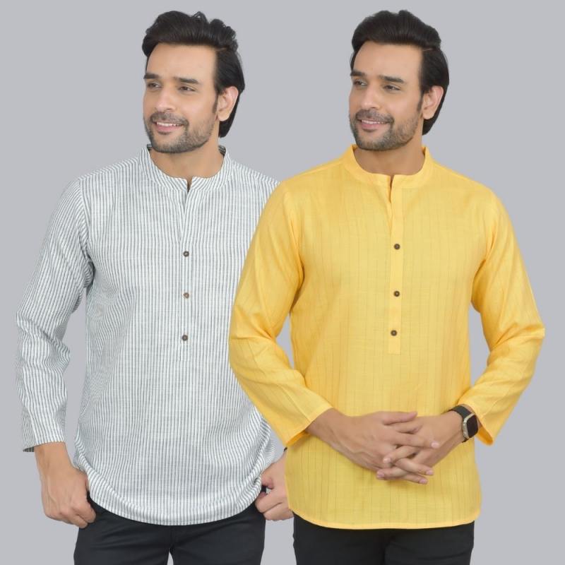 Combo of 2 Men Cotton Self Design Short Kurta White and Yellow