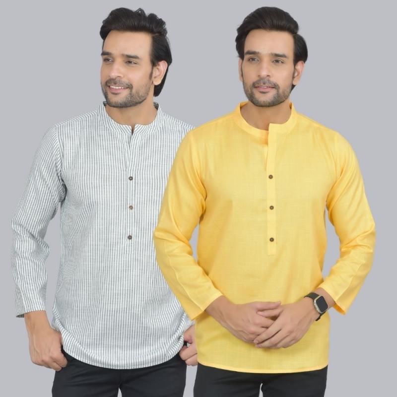 Combo of 2 Men Cotton Self Design Short Kurta White and Yellow