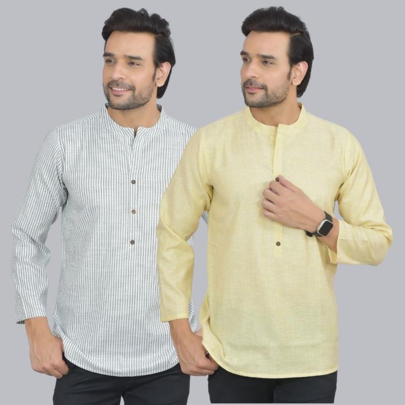 Combo of 2 Men Cotton Self Design Short Kurta White and Yellow