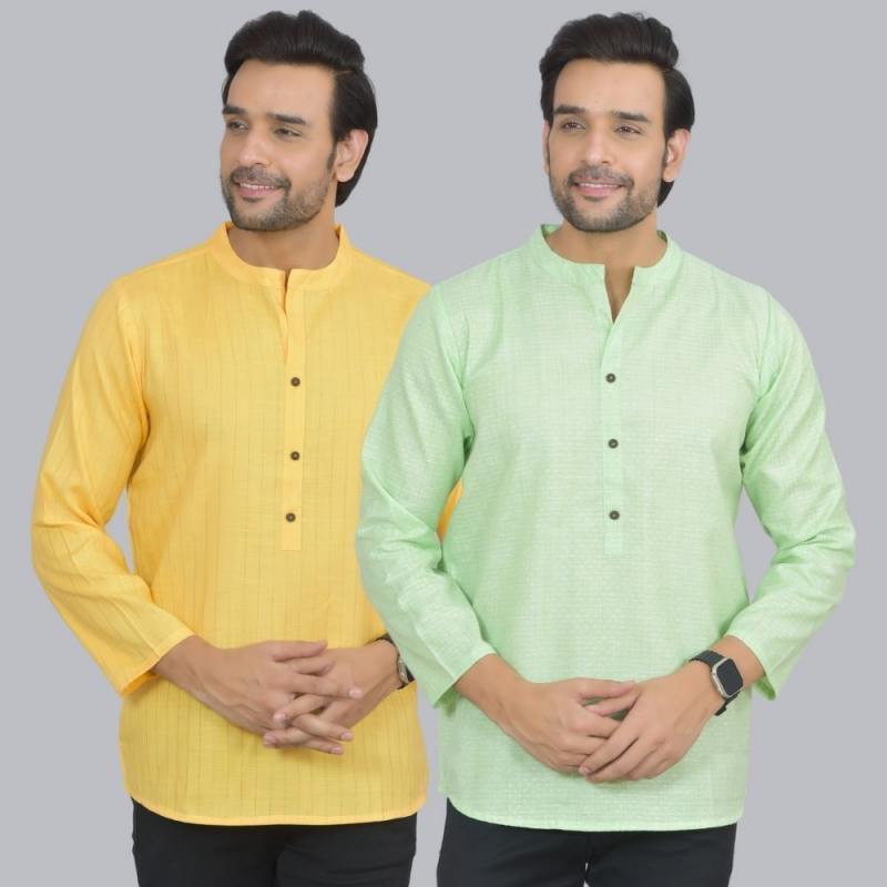 Combo of 2 Men Cotton Self Design Short Kurta Yellow and Green