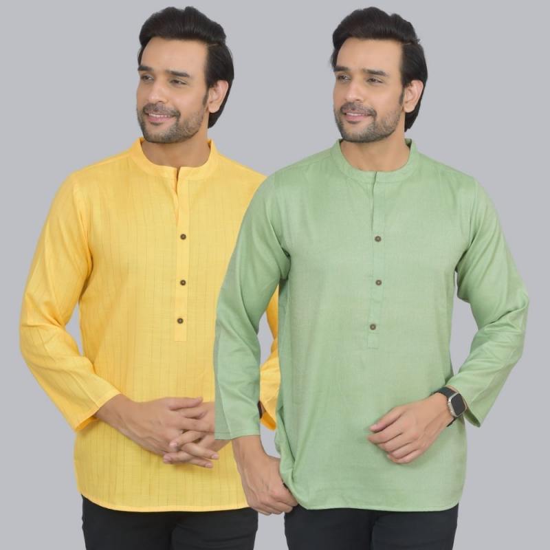 Combo of 2 Men Cotton Self Design Short Kurta Yellow and Green