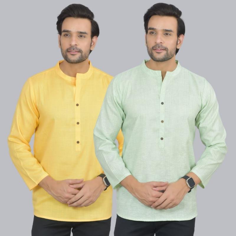 Combo of 2 Men Cotton Self Design Short Kurta Yellow and Green
