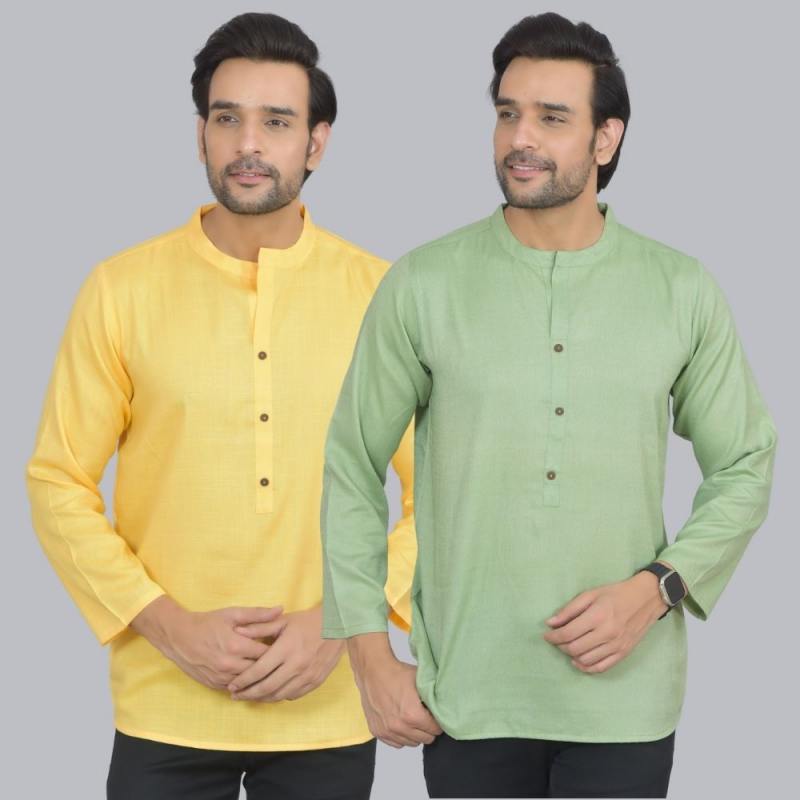 Combo of 2 Men Cotton Self Design Short Kurta Yellow and Green