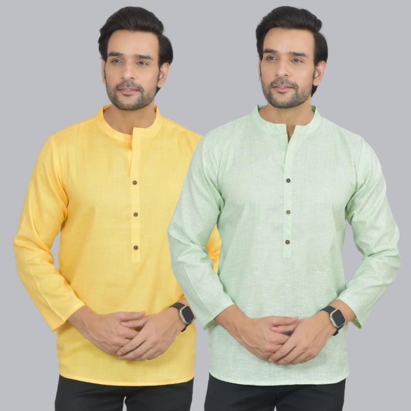 Ombo of 2 Men Cotton Self Design Short Kurta Yellow and Green