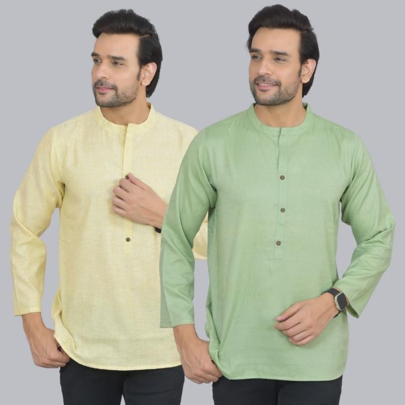 Combo of 2 Men Cotton Self Design Short Kurta Yellow and Green