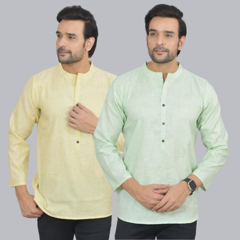 Combo of 2 Men Cotton Self Design Short Kurta Yellow and Green