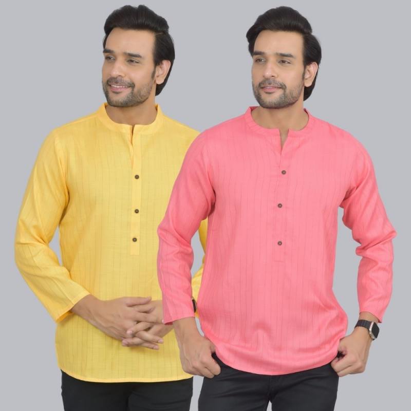 Combo of 2 Men Cotton Self Design Short Kurta Yellow and Peach