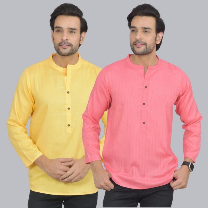 Combo of 2 Men Cotton Self Design Short Kurta Yellow and Peach