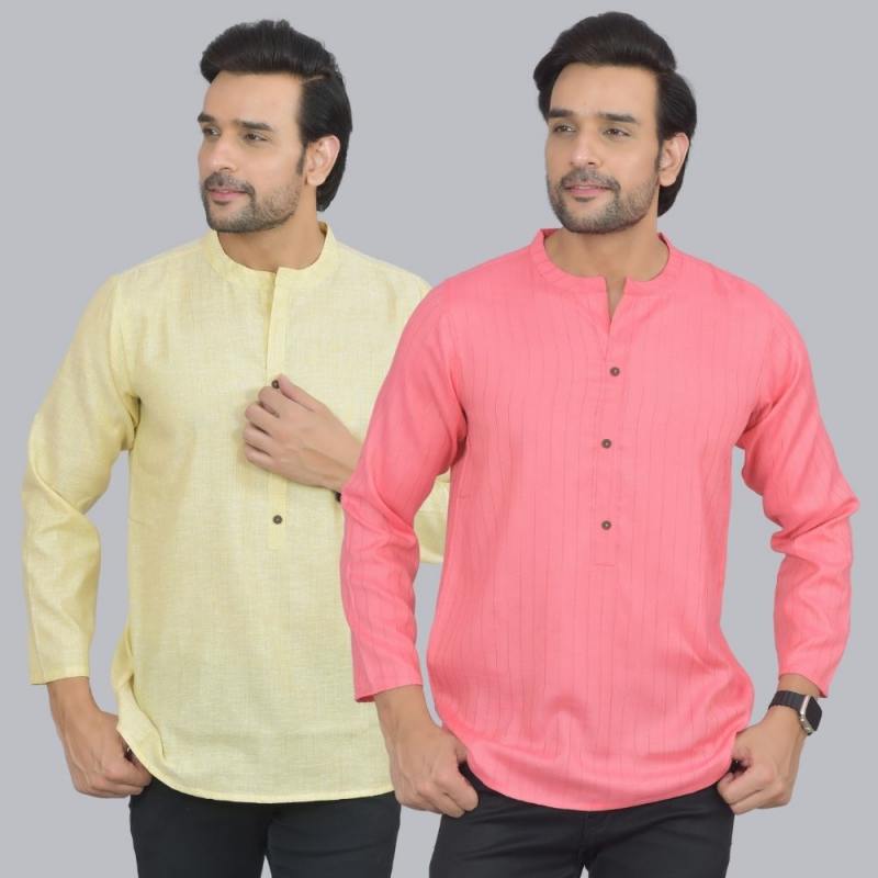 Combo of 2 Men Cotton Self Design Short Kurta Yellow and Peach