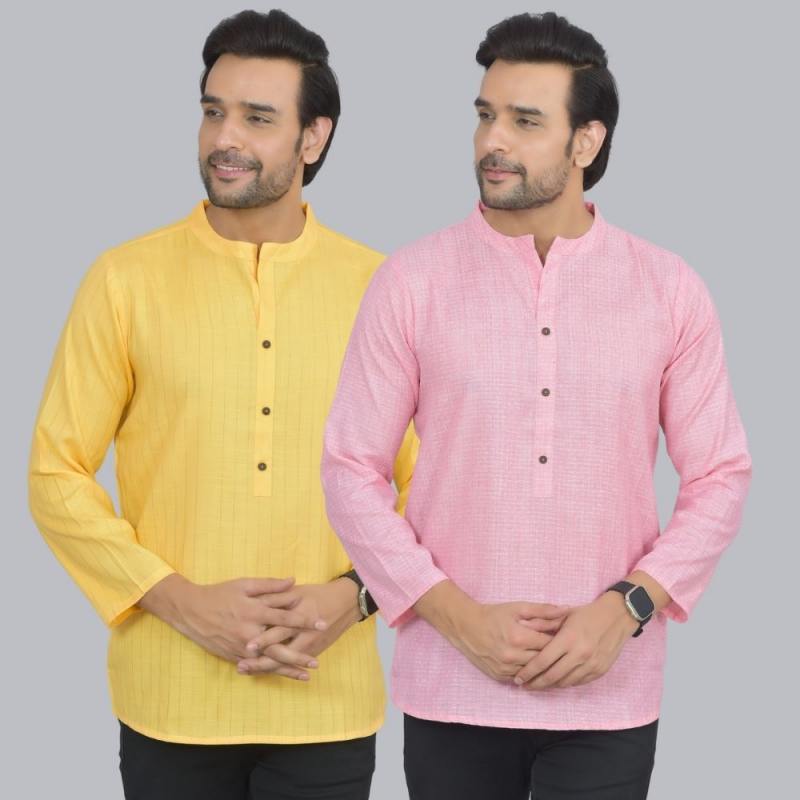 Combo of 2 Men Cotton Self Design Short Kurta Yellow and Pink