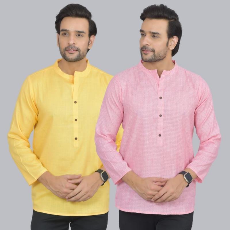 Combo of 2 Men Cotton Self Design Short Kurta Yellow and Pink