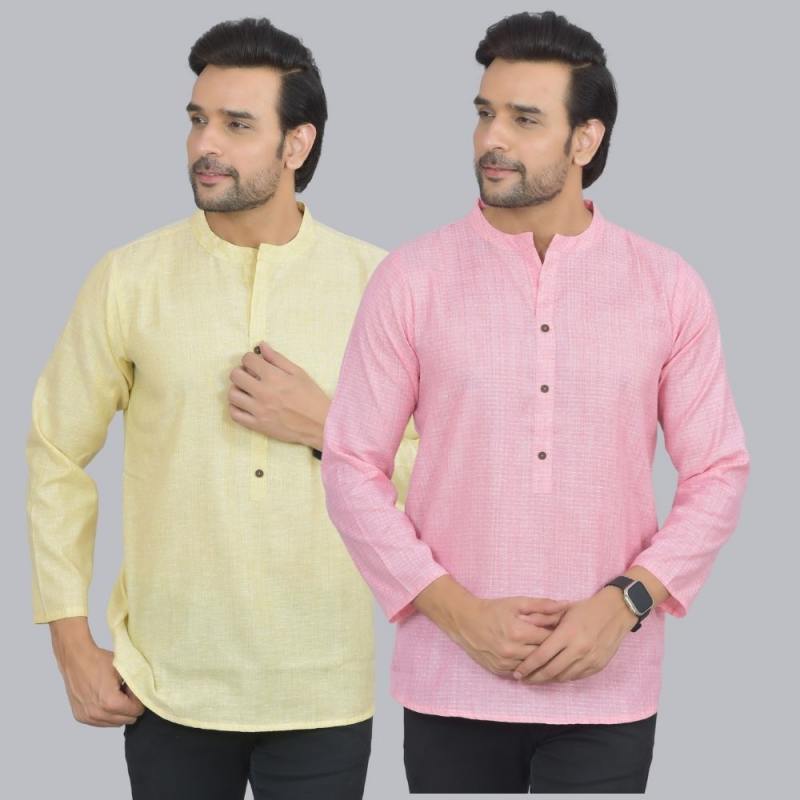Combo of 2 Men Cotton Self Design Short Kurta Yellow and Pink