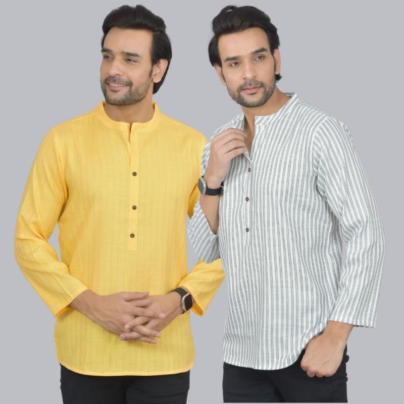 Combo of 2 Men Cotton Self Design Short Kurta Yellow and White