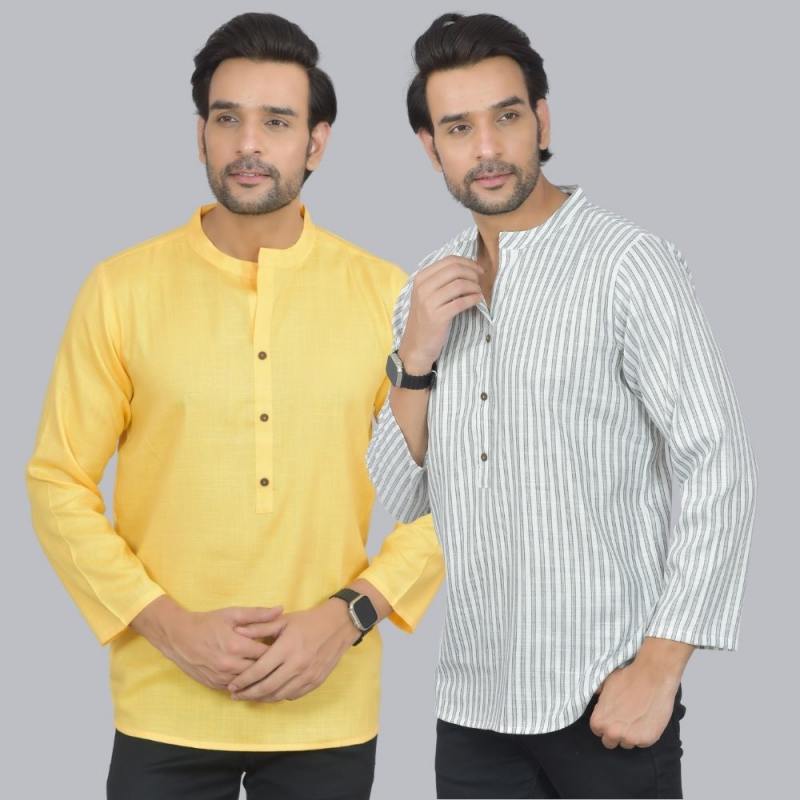 Combo of 2 Men Cotton Self Design Short Kurta Yellow and White