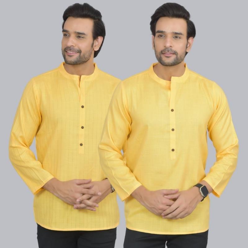 Combo of 2 Men Cotton Self Design Short Kurta Yellow and Yellow
