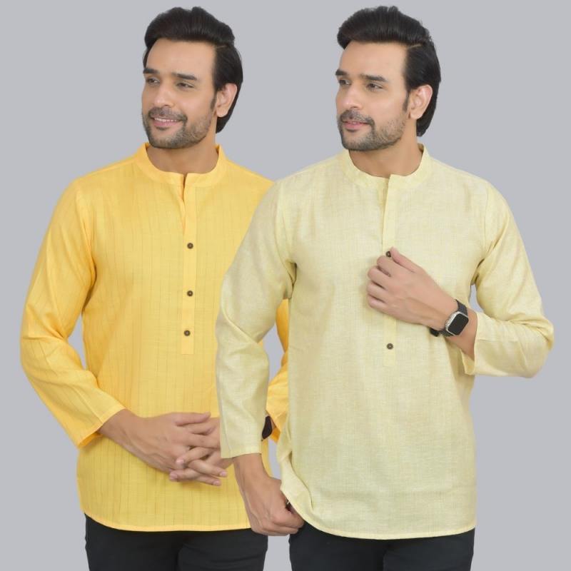 Combo of 2 Men Cotton Self Design Short Kurta Yellow and Yellow