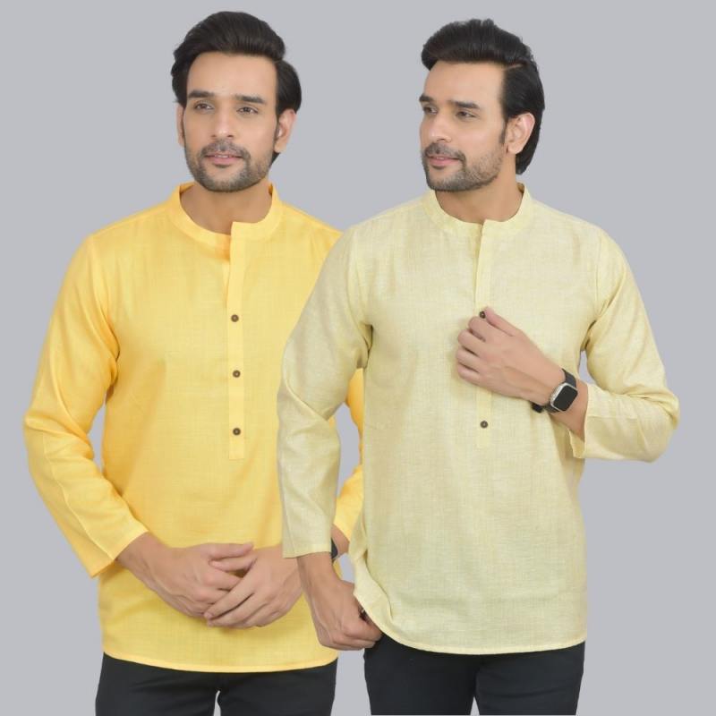 Combo of 2 Men Cotton Self Design Short Kurta Yellow and Yellow