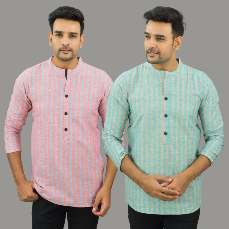 Combo Of 2 Men Cotton Stripe Short Kurta-25698