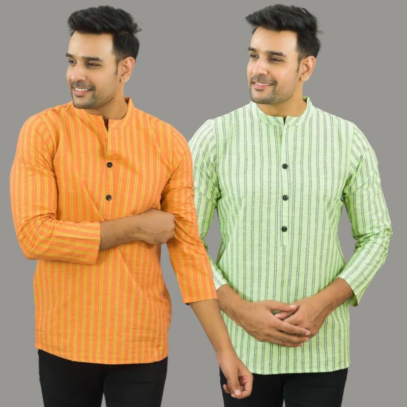 Combo of 2 Men Cotton Stripe Short Kurta Mint Green and Orange-25703