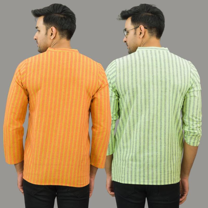 Combo of 2 Men Cotton Stripe Short Kurta Mint Green and Orange-25703